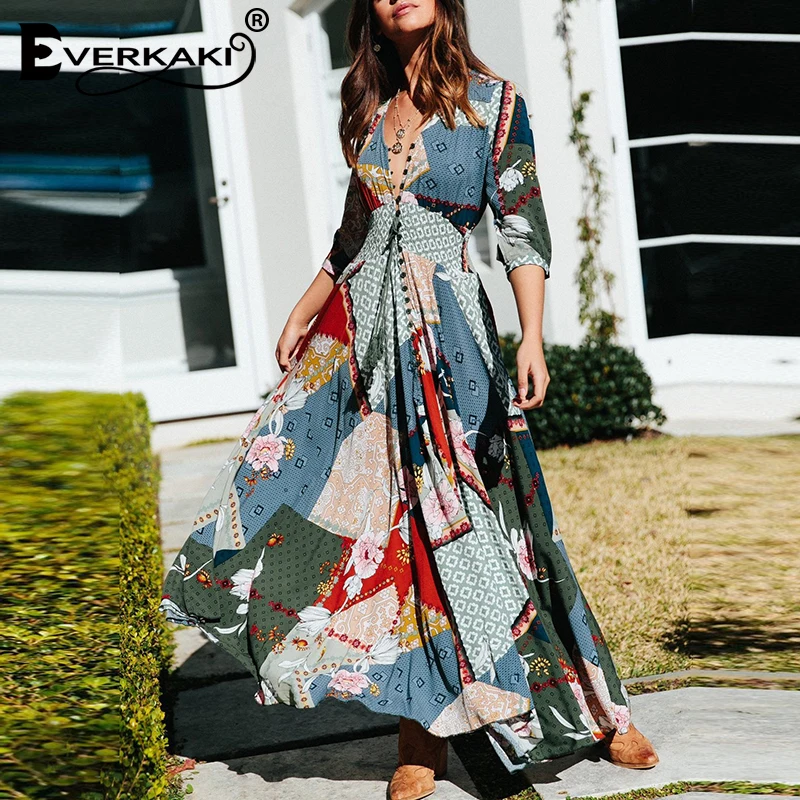 Женское длинное платье с поясом Everkaki винтажное макси в стиле бохо на резинке