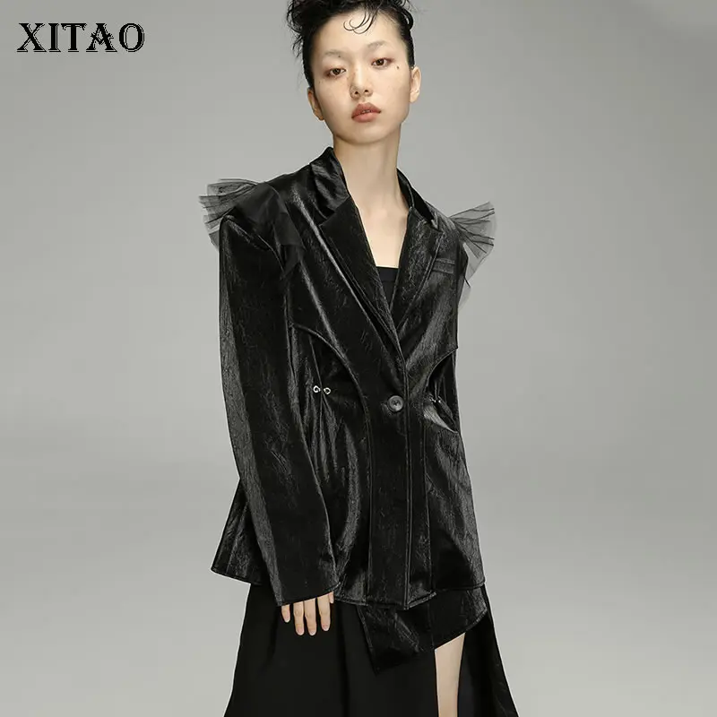 

XITAO Black Blazer Trendy Women Mesh Splicing Long Sleeve Advanced Design Suits Top 2021 New Autumn Winter All-match GWJ1225