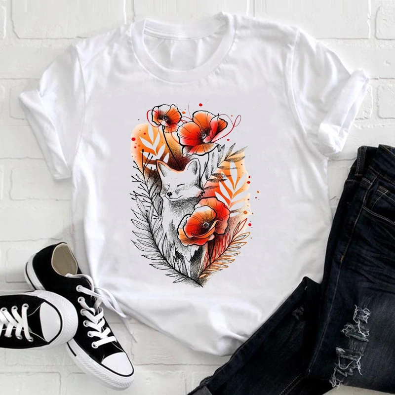 

Kawaii Cute Little Fox Print Street Style T-shirt Short Sleeve Animal Graphic Print Summer O-Neck Shirt Top Womens Clothes 2021