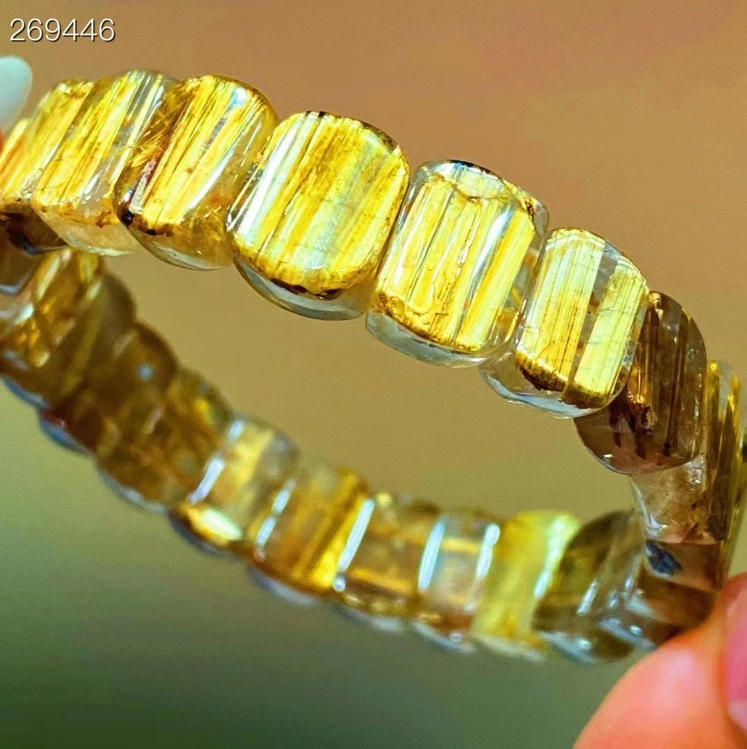 

Natural Brazil Gold Rutilated Titanium Quartz Bracelet 12x9x6mm Woman Man Clear Rectangle Beads Bangle Wealthy AAAAA