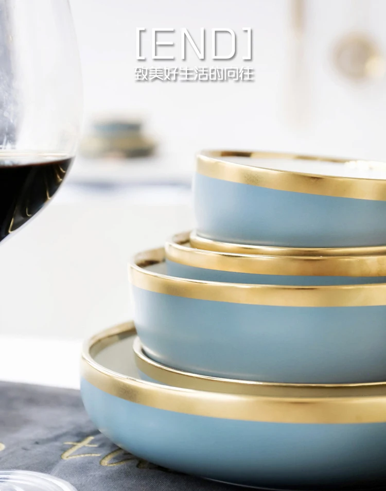 Скандинавский синий CeramicsGolden Rim посуда и тарелки наборы посуды тарелка лапша суповая чаша Западная еда стейк обеденная посуда тарелки
