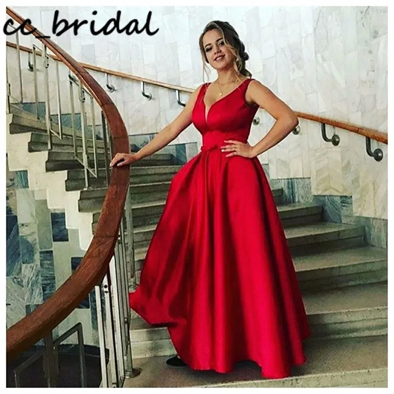 

Gorgeous Red Prom Dresses Long 2020 Sexy V-neck Dress Woman Party Night With Bow Elegant Satin vestidos de fiesta de noche