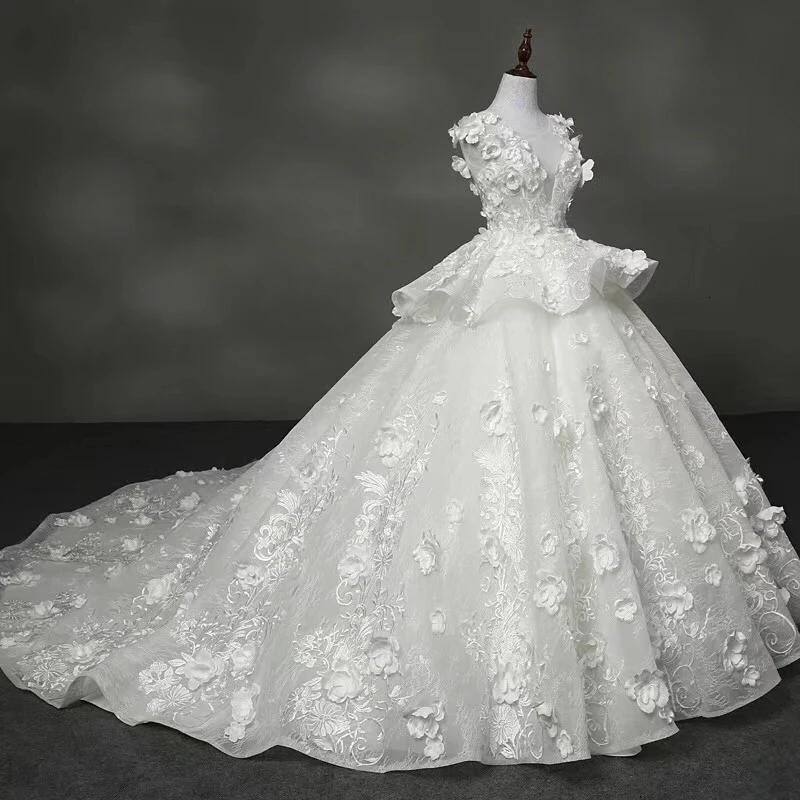 Vivian's Bridal 3d Цветочная аппликация роскошное свадебное платье Принцесса Иллюзия сетка Талия рюшами пушистое Свадебное бальное платье