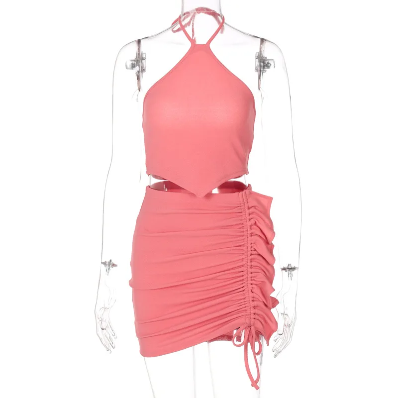 

Women 2021 Summer Fashion Casual Comfortable Solid Color Sleeveless Halter Slim Fit Light Mature Mini Sexy Elegant Skirt Set