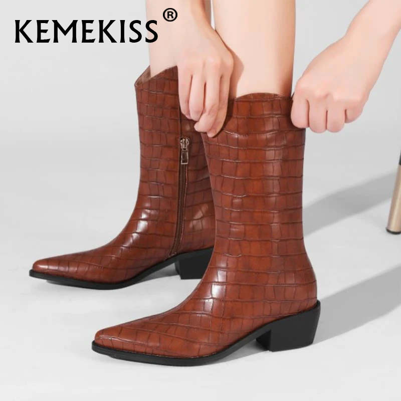

KemeKiss Size 32-43 New Women Mid Calf Boots Stone Pattern Fashion Ladies Western Boots Cool Shine Daily Winter Shoes Footwear