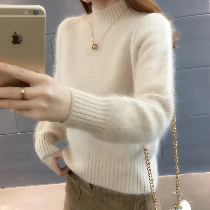

2021Imitation mink velvet sweater lazy wind thickening half turtleneck sweater women short pullover loose Korean bottoming shirt