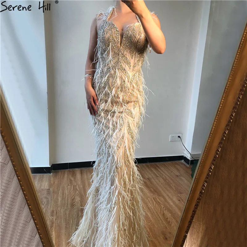 nude silver Телесного цвета, серебро, роскошь перья вечерние платья расшитые кристаллами с лямкой на шее пикантные Бальные платья русалки дизайн Serene Hill LA70193 - Цвет: nude silver