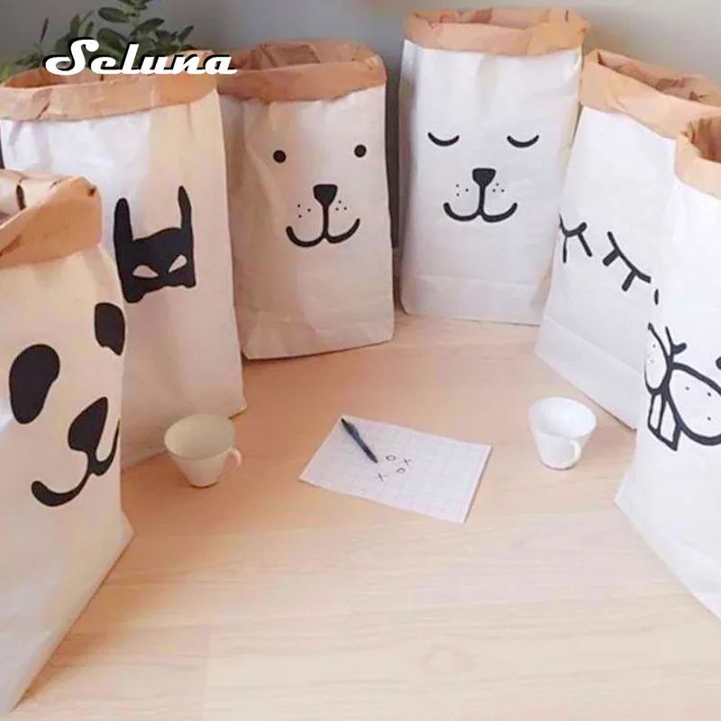 

Ins Hot Kraft Paper Storage Bag Cute Pouch Pack Kid Toy Durable Patterns Laundry Clothing Sundries Bag Organizer Home Decor Gift