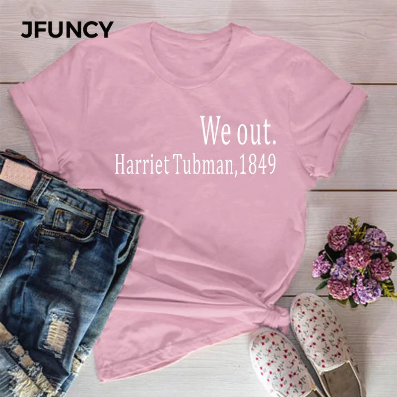 JFUNCY Summer Cotton Casual Women Shirts We Out Harriet Tubman 1849 Letter Printed T-Shirt Oversized Short Sleeve Woman Tee Tops