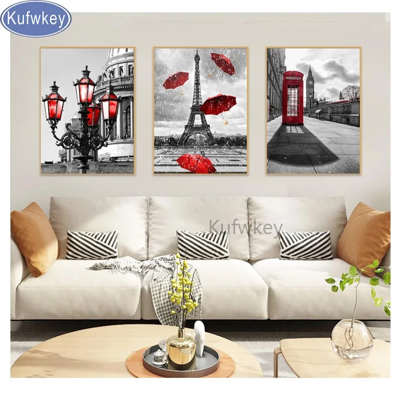 

Diamond Painting 3 Pieces Black and White Tower Red Umbrella Canvas Painting Paris Street Rhinestone Picture Diamond Mosaic kits