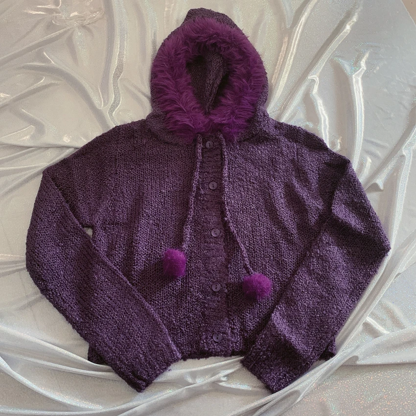 4 цвета осень kawaii короткий pull femme sweter пушистый hairball меховой воротник с капюшоном укороченный свитер Женский вязаный кардиган