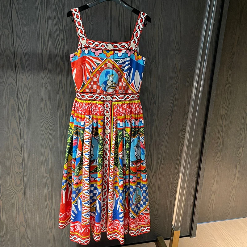 

2021 New Summer Flower Print Dress Women Casual Sleeveless Ruffles Long Silk Dress