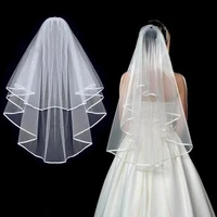wedding simple tulle white color two layers bridal veil ribbon edge cheap bride accessories women veil with comb
