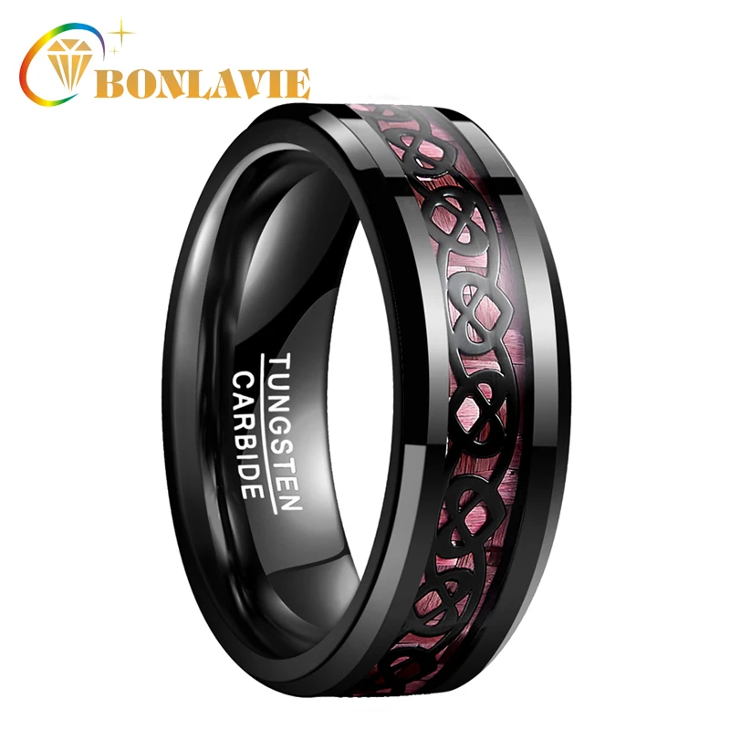 

BONLAVIE Wedding Bands Tungsten Steel Ring for Men Black Heart Pattern Pink Carbon Fiber Finger Ring Jewelry Male Ring