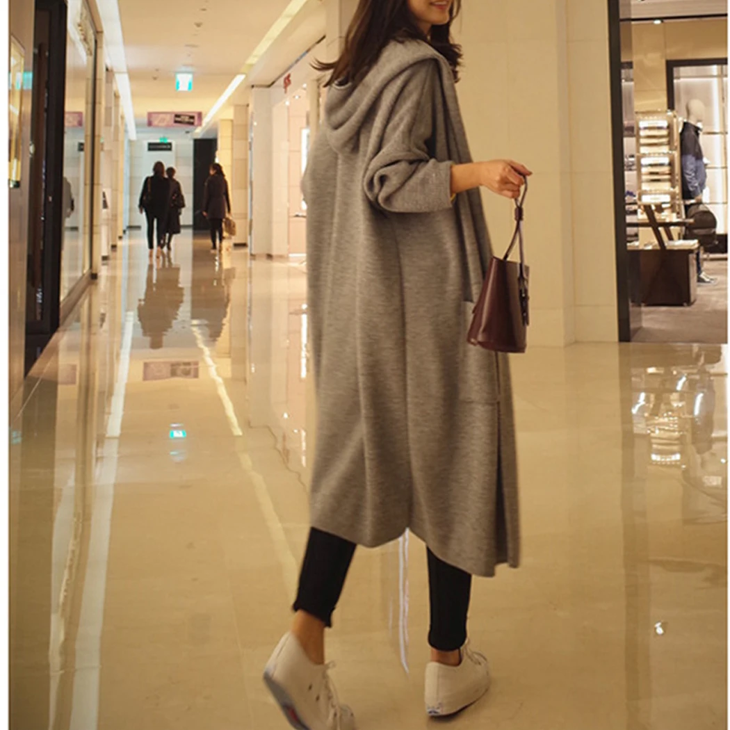 Новая мода Открытый стежок свитер миди пальто женское повседневное вязаное свободное джемпер Весна длинный рукав трикотаж свитер верхняя одежда