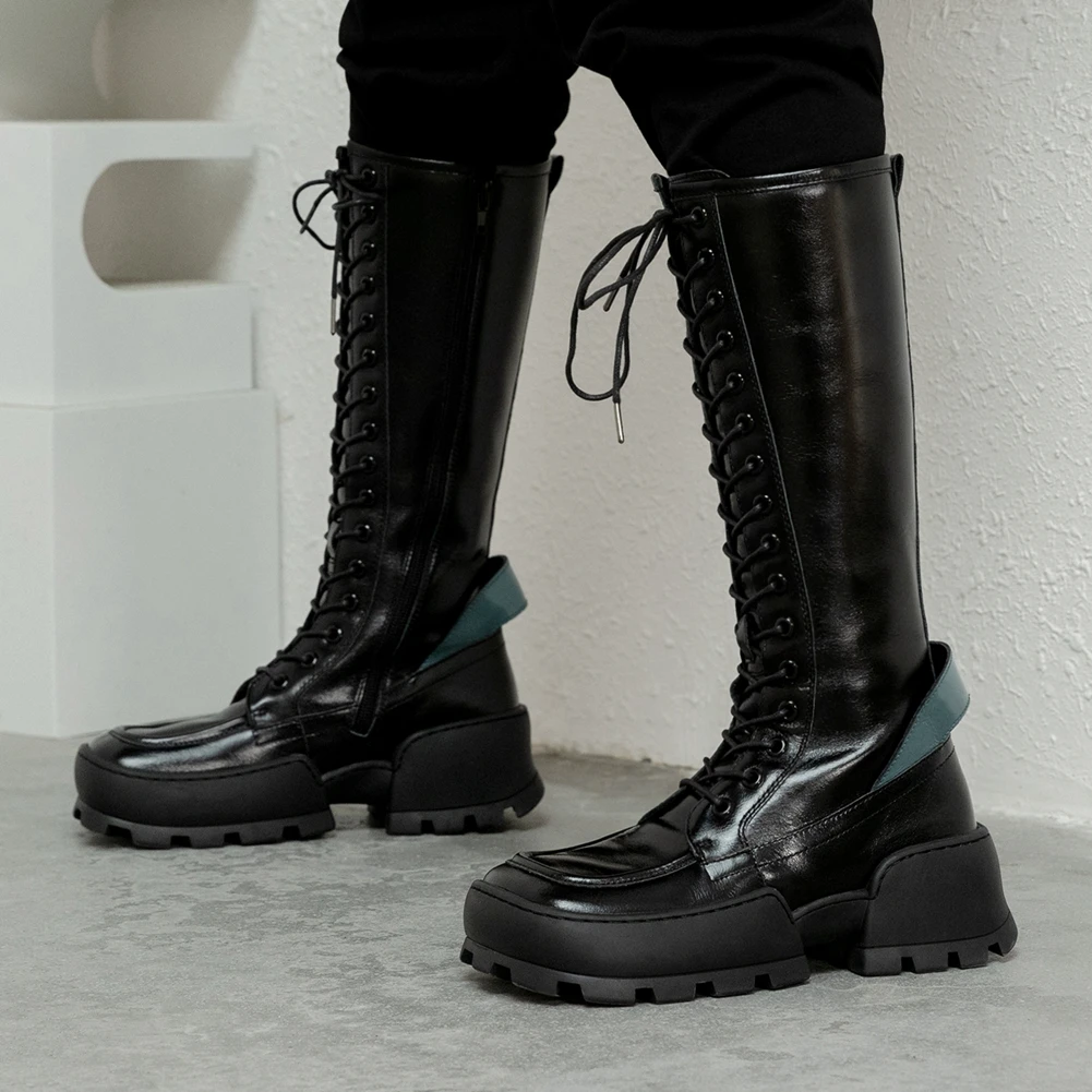 

RIBETRINI INS Hot On Sale Chic Genuine Leather Chunky Heels Skidproof Sole Motorcycles Boot Stylish Winter Shoes Boots Women