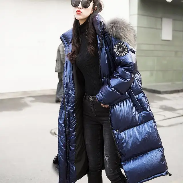 2019 Fashion Women Winter Down Jacket Chic Big Fur Warm Ultra Light Long Coat Female Parka Hooded Woman Glossy Jackets Oversized