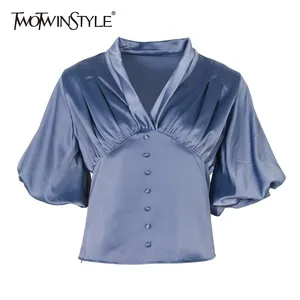 Женская однотонная Туника TWOTWINSTYLE, белая однотонная рубашка с v-образным вырезом и пышными короткими рукавами, модная летняя одежда 2020