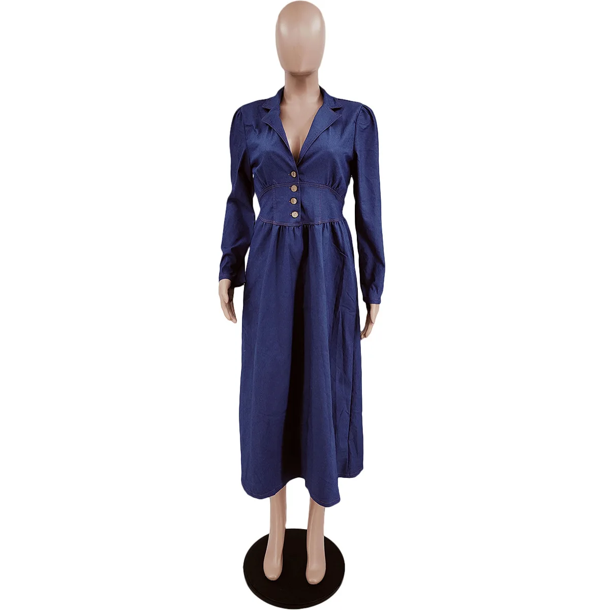 

2022 Women Blue Long Sleeve V-neck Jeans A Skirt Workplace Commuting Sexy Dress Spring