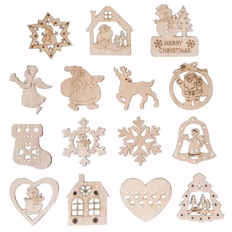 15pcs Wooden Christmas Hollowed-out Pendant Originality Elk Snowflake Love Scene Props Charms Drop Decoration Room Ornament | Дом и сад