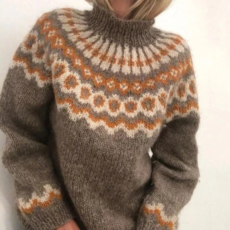 

2021 пуловеры, женский свитер с высоким воротником, Осенние свитеры, свободный плотный жаккардовый вязаный свитер с длинными рукавами