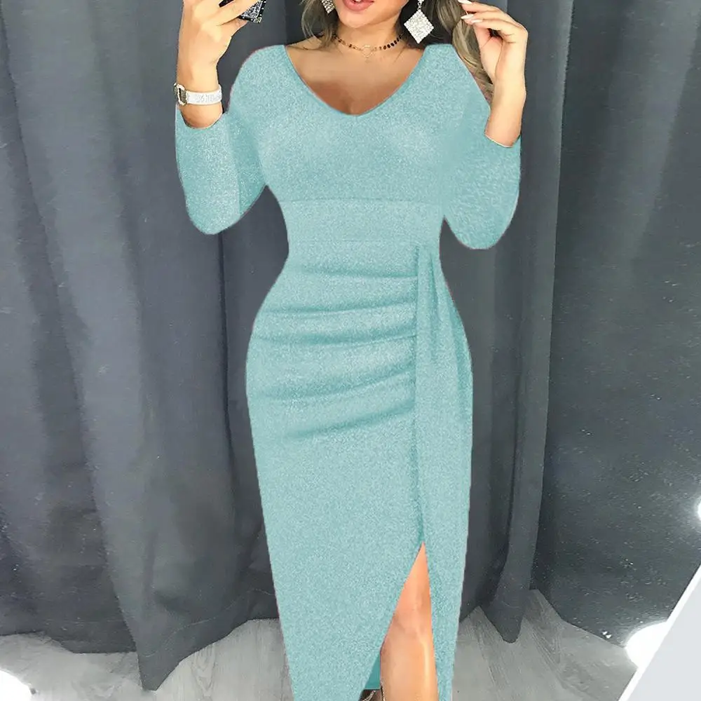 V Neck Light Blue VIEUNSTA, Сексуальные вечерние платья с открытыми плечами, женское облегающее платье с высоким разрезом и баской, Осеннее блестящее платье с рукавом три четверти - Цвет: V Neck Light Blue