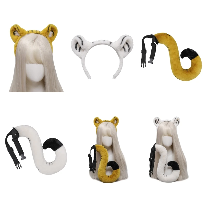 

K3NF Furry Headband Animal Tiger Ears Hair Hoop Tail Cartoon Hairband Party Performance Theme Costume Hair Accessories