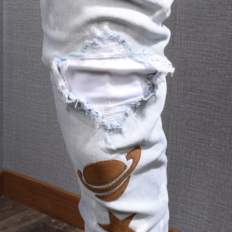 American Street Style Fashion Men Jeans Retro Light Blue Slim Fit Ripped Jeans Men Patches Designer Hip Hop Denim Punk Pants