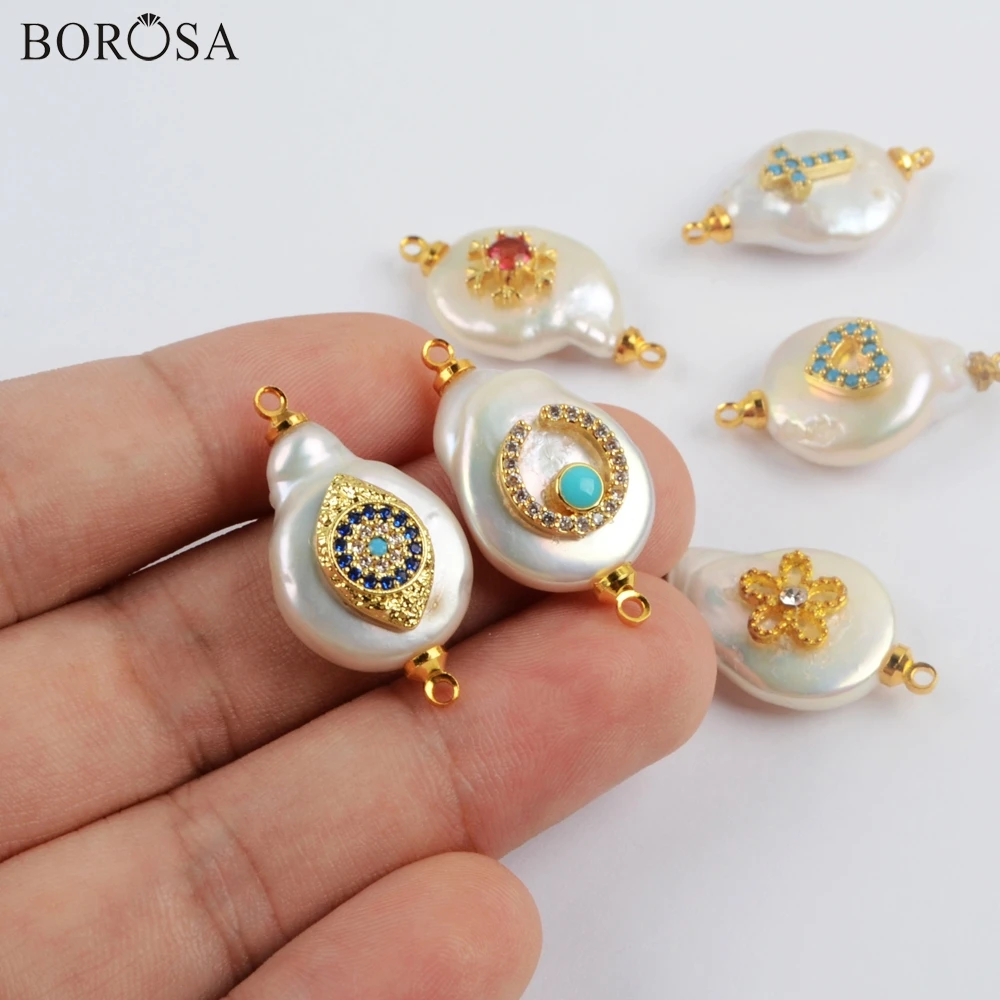 BOROSA 10 шт. натуральный жемчуг с мульти CZ проложенный разъем Пресноводный Жемчуг Двойные подвески и Радуга CZ ювелирных изделий G1903