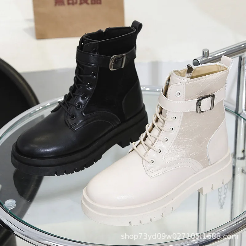 

Autumn Women Martin Boots White Leather Casual High PU Ankle Motorcycle Boots for Women zapatos de mujer Female Punk shoes