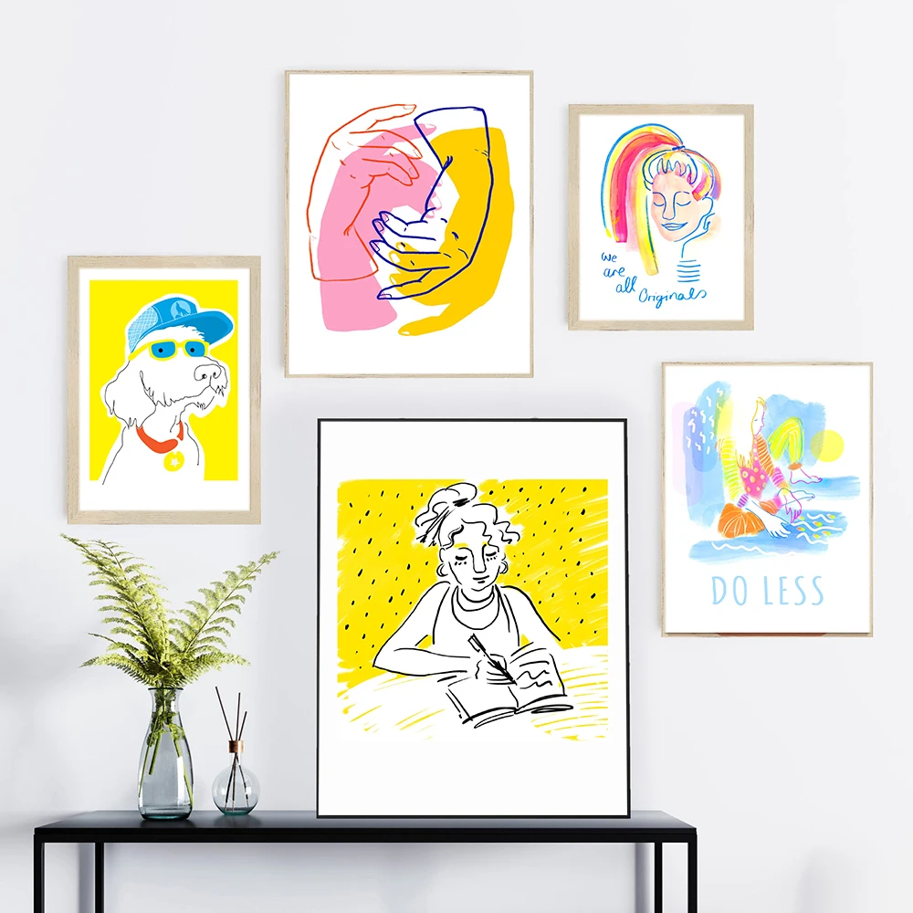 

Modern Abstract Line Posters And Prints Cool Dog Girl Canvas Painting Hands Quotes Wall Art Pictures for Livingroom Nordic Decor