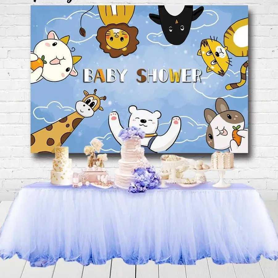 

Blue Boys Baby Shower Backdrops Cute Cartoon Animals Kids 1st Birthday Party Photography Backgrounds For Photo Studio