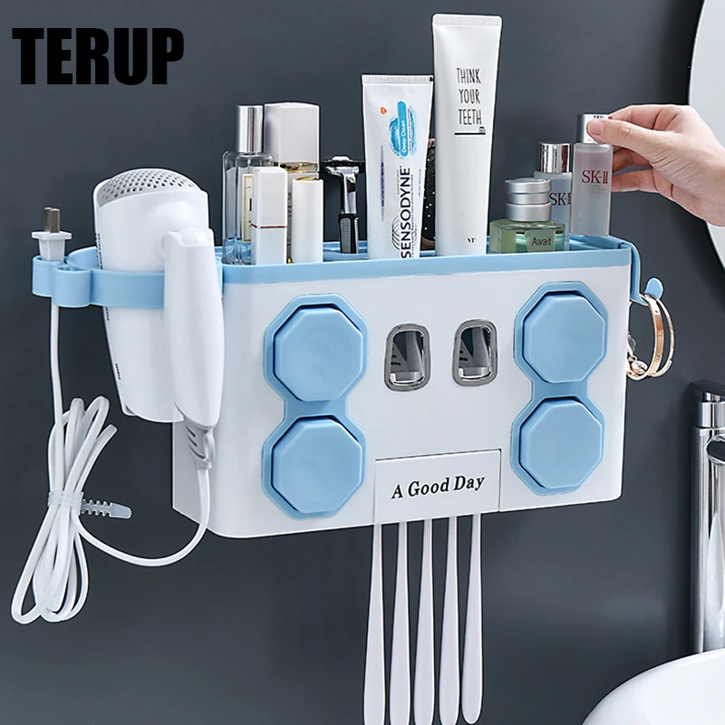 TERUP-Soporte multifuncional para cepillo de dientes, exprimidor autom&aacute;tico de pasta de dientes, organizador de ba&ntilde;o para el hogar, estante de almacenamiento, accesorios de ba&ntilde;o-0