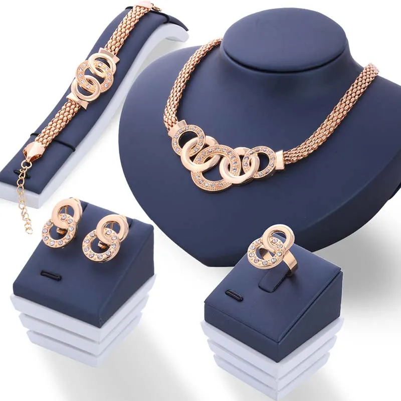 

Elegant Jewelry Sets for Women Gold Color Vintage Necklace Earrings Bracelet Ring Wedding Bridal Accessories Engagement Gift