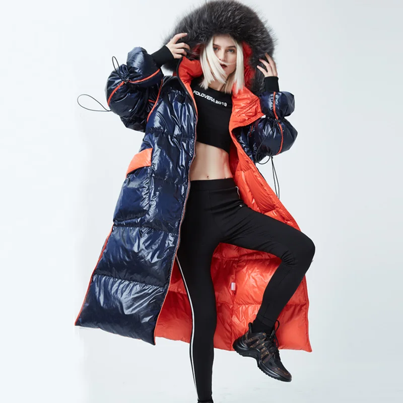 Женский длинный пуховик с капюшоном зимняя парка на 2020 натуральном меху енота