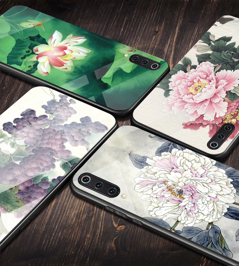 Case for Xiaomi Mi 9 Redmi Note 7 8 8pro Flower Patterned Tempered glass Fitted TPU Cover |