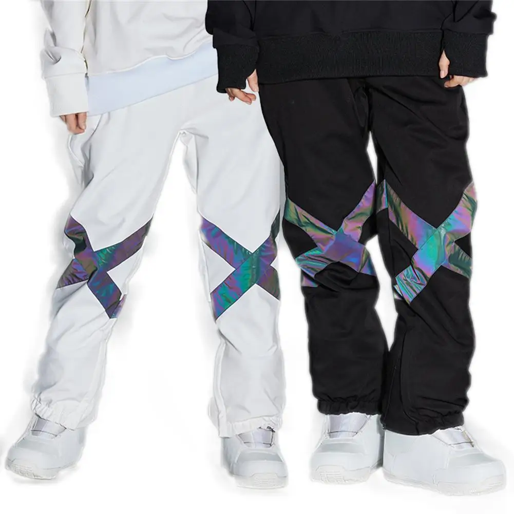 Winter Ski Pants Men Women Waterproof Windproof Trousers Outdoor Warmth Reflective Strip Skiing Pants with Elastic Waistband