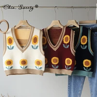 sunflower knitted womens sweaters short vest v neck sleeveless crop vests for girls 2020 autumn vintage sweety sweater women