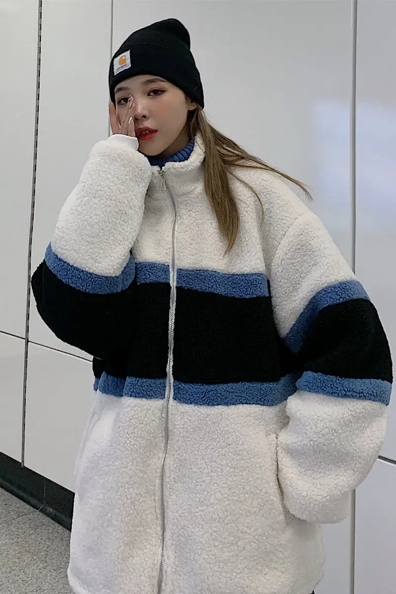 

2020 Autumn And Winter New Youth Fashion Loose Contrast Stand-up Collar Lamb Wool Coat Fashionable Casual All-match Top