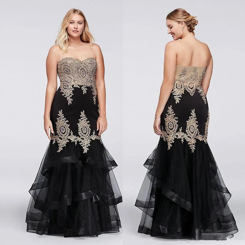 

Очаровательные черные платья больших размеров с юбкой-годе для выпускного вечера, кружевные аппликации, вырез сердечком бисер, недорогие м...