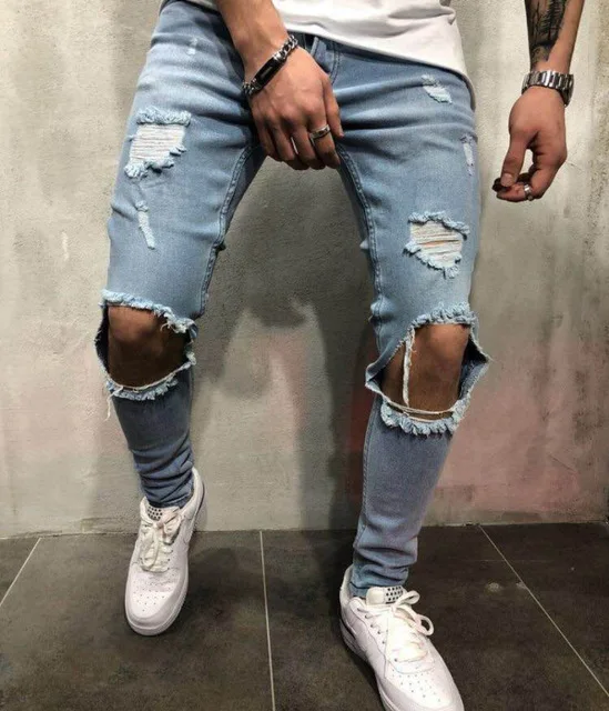 Мужские джинсы Ретро стиль старомодные нищие штаны обтягивающие с дырками на