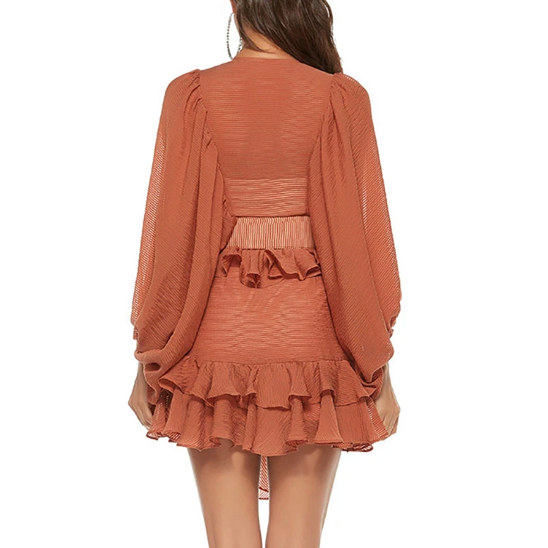 

SeeBeautiful Ruffles Patch Belts O Neck Lantern Sleeve Loose Irregular Vintage Loose Dress Women Summer 2021 New Fashion L258