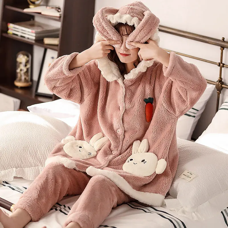 Coral Velvet Sleepwear Rabbit Ears Pajamas Women Autumn and Winter Furry Cute Plus Velvet Thickening Home Service Cute Pijamas
