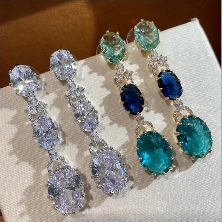 

Colorful blue zircon earrings summer translucent color crystal long string simple earrings