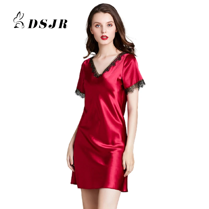 

Кружевное мягкое Ночное платье, женская одежда для сна с V-образным вырезом, красное Шелковистое удобное ночное белье, кружевное соблазните...