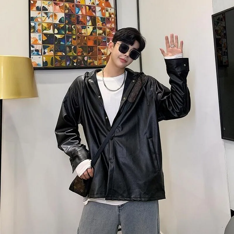 

Motorcycle Korean Mens Casual PU Leather Jackets Autumn Long Sleeve Single Breasted Loose Male Fashion Outerwear Hooded Coats