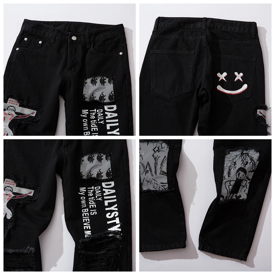 Streetwear Hip Hop Patchwork Hole Letter Print Black Skinny Jeans Men Korean Slim Straight Pencil Pants Ripped for | Мужская одежда