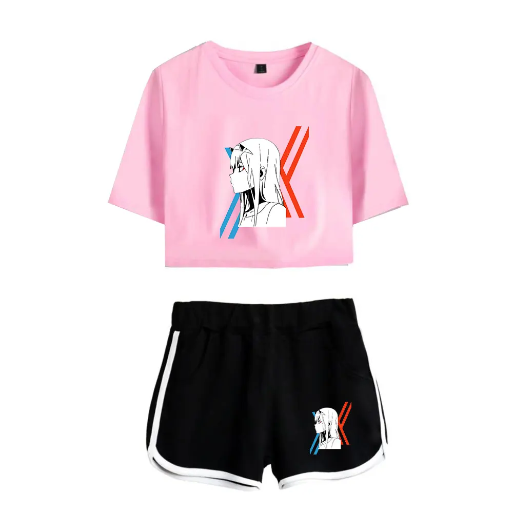 

Animation DARLING in the FRANXX Exposed Navel T-shirt+shorts women's two-piece sets girl's Zero Two Anime two-piece Suit t shirt