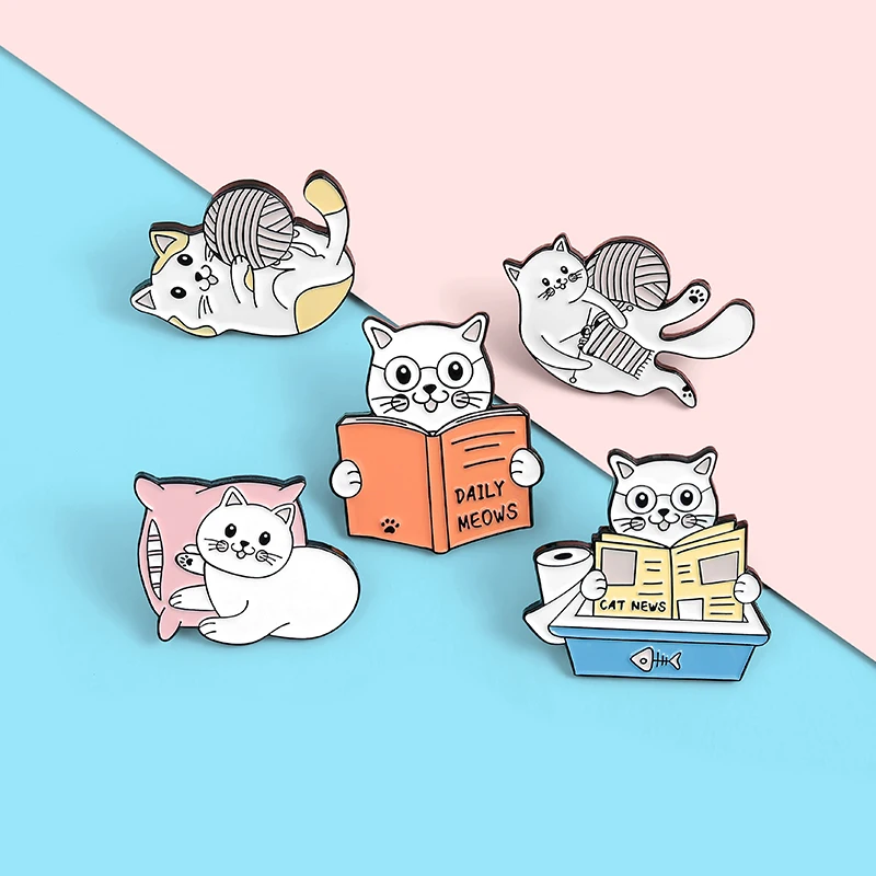 Эмалированные заколки для лацканов в виде кота книги чтения броши с милыми
