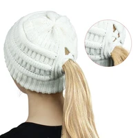 womens beanie ponytail hat messy bun beanietail messy high bun cross criss hole soft stretch cotton knit skull cap